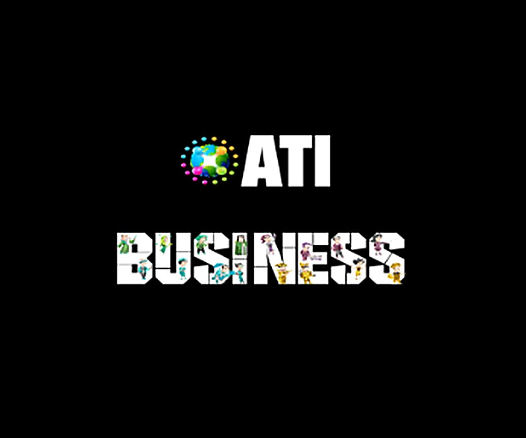 بطاقة عنوان برنامج ATI Business بحروف مليئة برسوم شخصيات